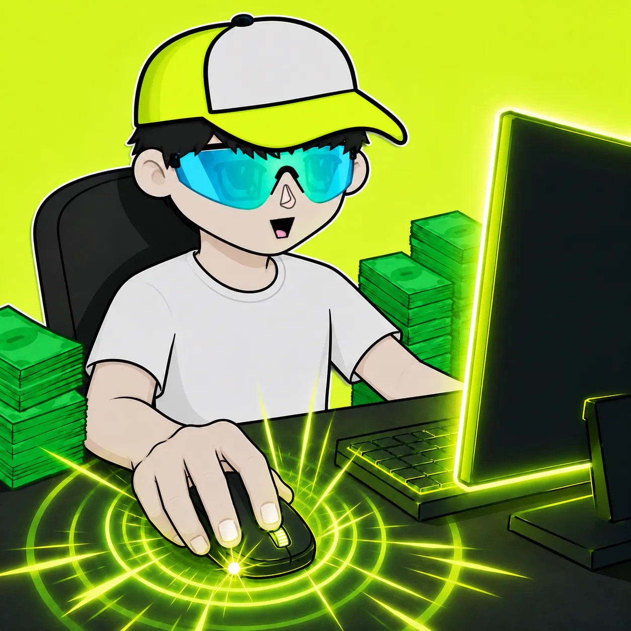 A trader at a desk clicking a mouse, stacks of cash piled beside the monitor