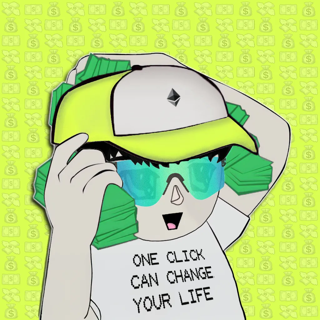 $CLICK mascot tipping a cap, wearing a shirt reading one click can change your life